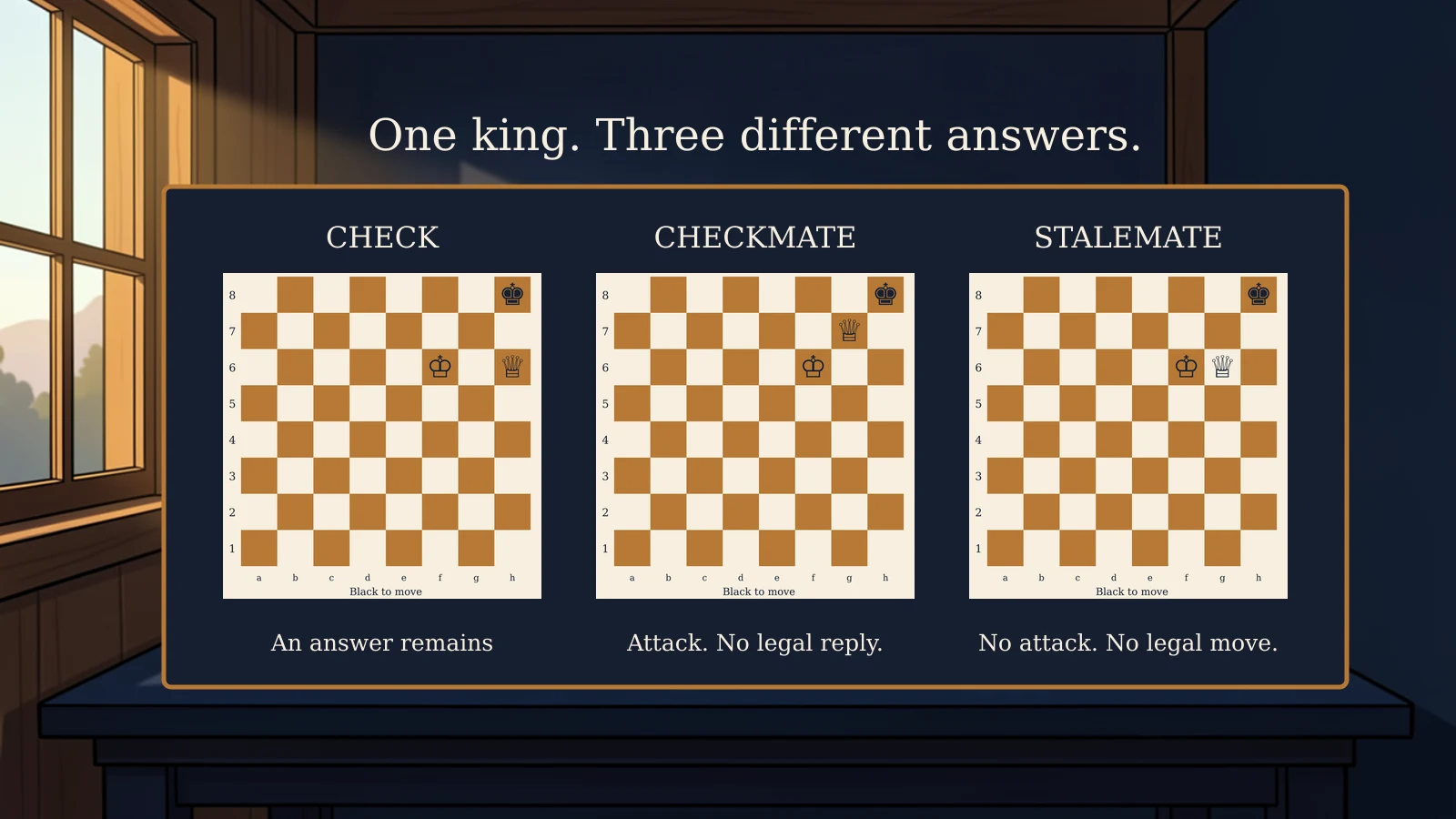 Three exact chess diagrams labeled check, checkmate and stalemate on a navy teaching panel in an amber-lit illustrated study.