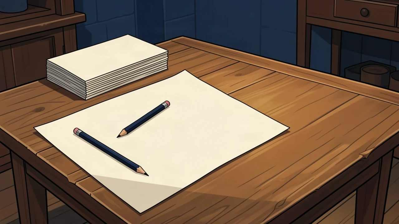 Two blue pencils rest on blank cream paper beside a stack of sheets on a wooden desk.