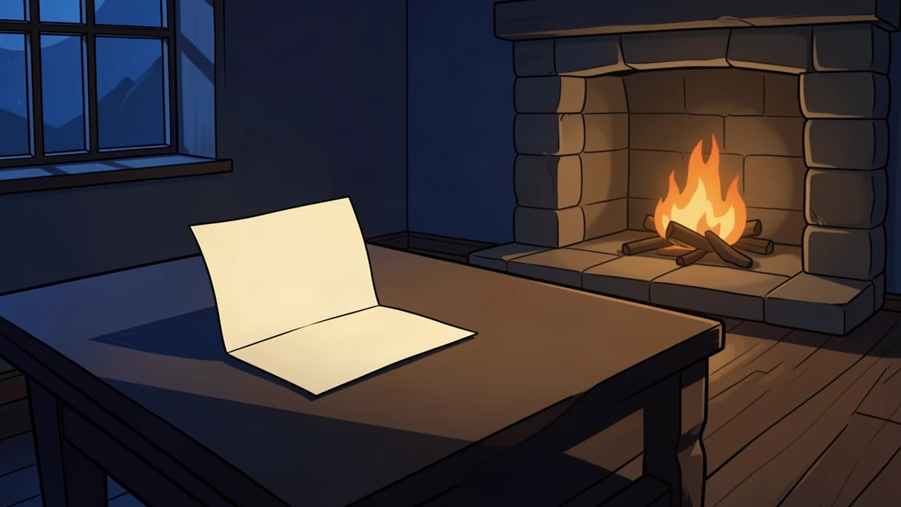 An intact blank folded sheet of paper rests on a wooden table, with a blue night window to the left and a lit stone hearth behind it.
