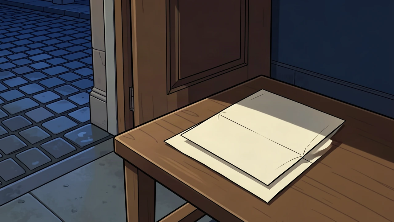 Blank folded paper rests on a wooden surface beside an open paneled door and blue-lit stone paving.