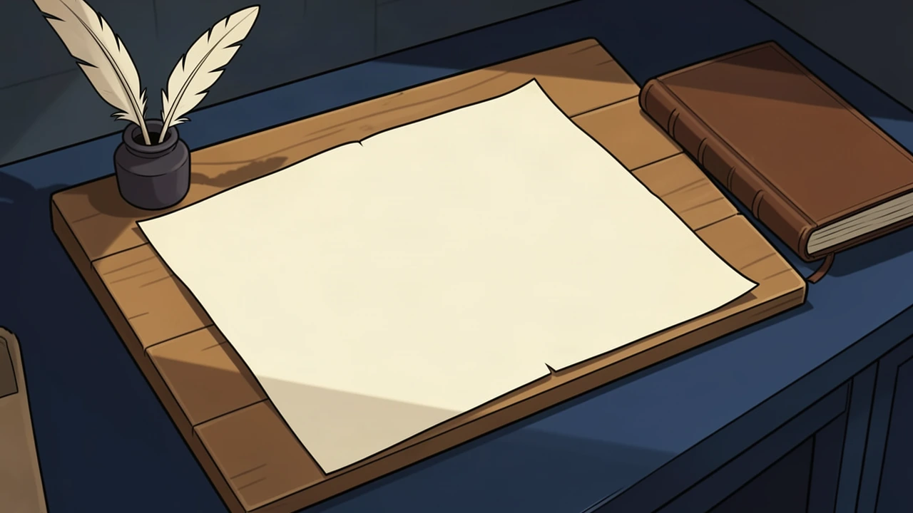 A blank opened sheet lies on a wooden board beside a closed brown book and a dark inkwell holding two feather quills.
