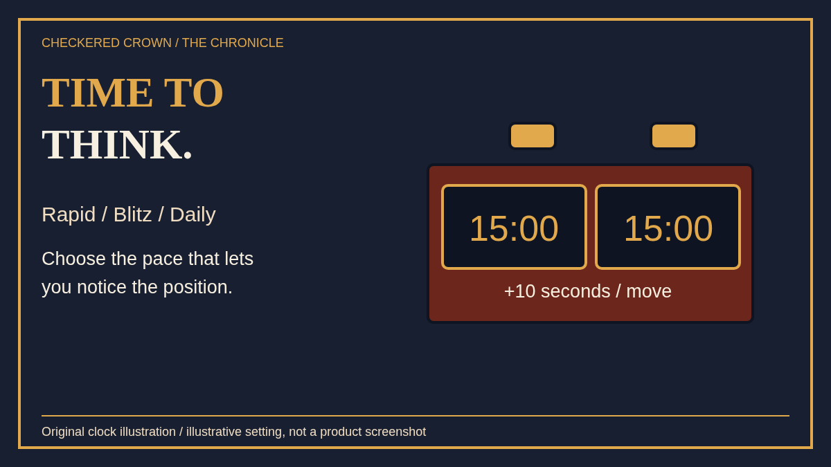 An illustrated two-sided chess clock displays fifteen minutes per player and a ten-second increment, beside the headline Time to think.