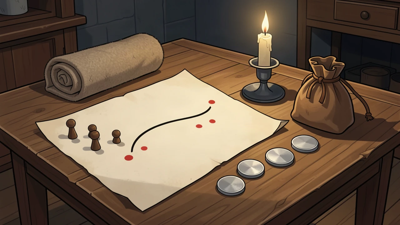 A candle lights a wooden table with a marked sheet of parchment, wooden counters, silver-coloured discs, a drawstring pouch and rolled cloth.