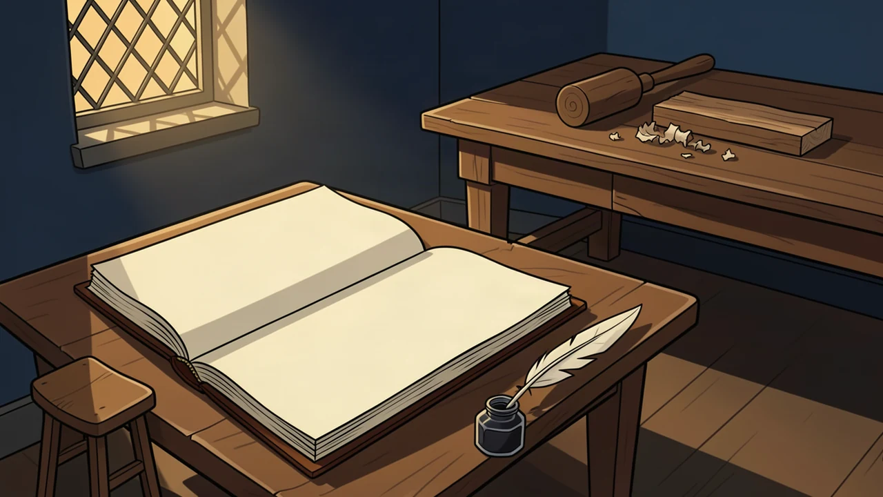 A blank open book, quill and inkpot sit before a workbench with timber, a wooden mallet and shavings, lit by a leaded window.