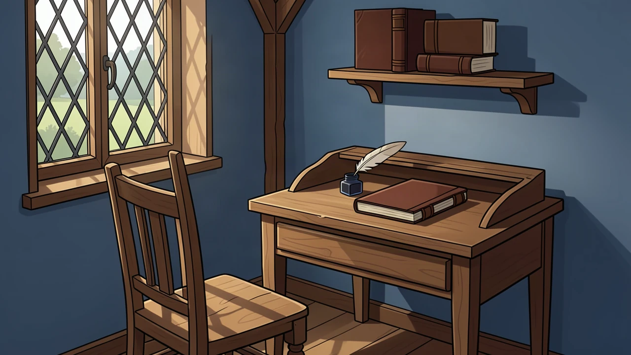 An empty wooden chair faces a writing desk with a closed brown book and quill in an inkpot; books sit on a shelf beside a leaded window.