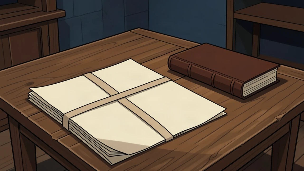 A bundle of blank cream papers crossed by plain tapes lies beside a closed brown register on a wooden table.