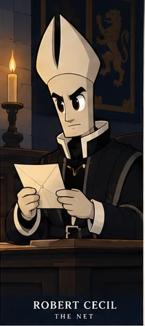 The Bishop as Robert Cecil, reading a report at his desk.