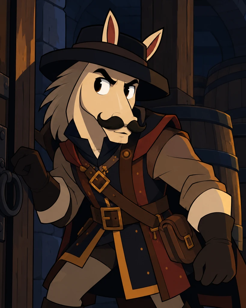 The Knight, as Guy Fawkes, holds a cellar door by its iron ring and glances back past the barrels.