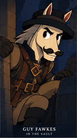 The Knight as Guy Fawkes, crouched among barrels in the vault.