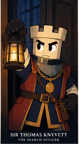 The Rook as Sir Thomas Knyvett, raising a lantern.