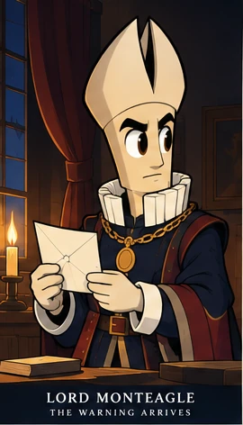 The Bishop as Lord Monteagle, holding the warning letter by candlelight.
