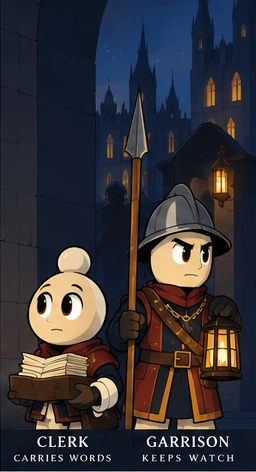 Two Pawns: a clerk carrying papers and a helmeted garrison guard with a lantern and pike.