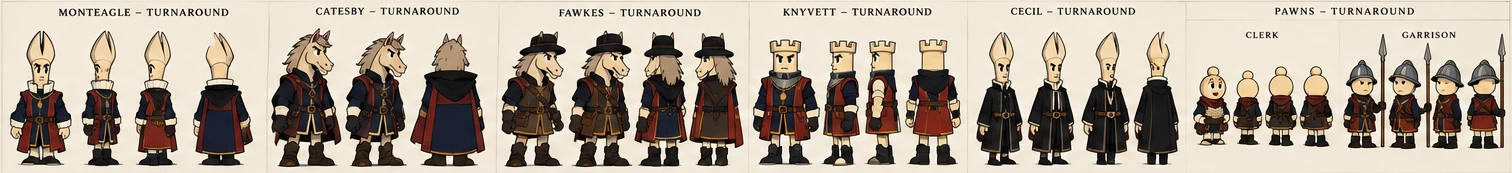 The pilot characters seen from the front, side and back.