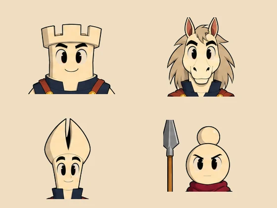 Rook, Knight, Bishop and Pawn heads arranged on cream, like a tee print.